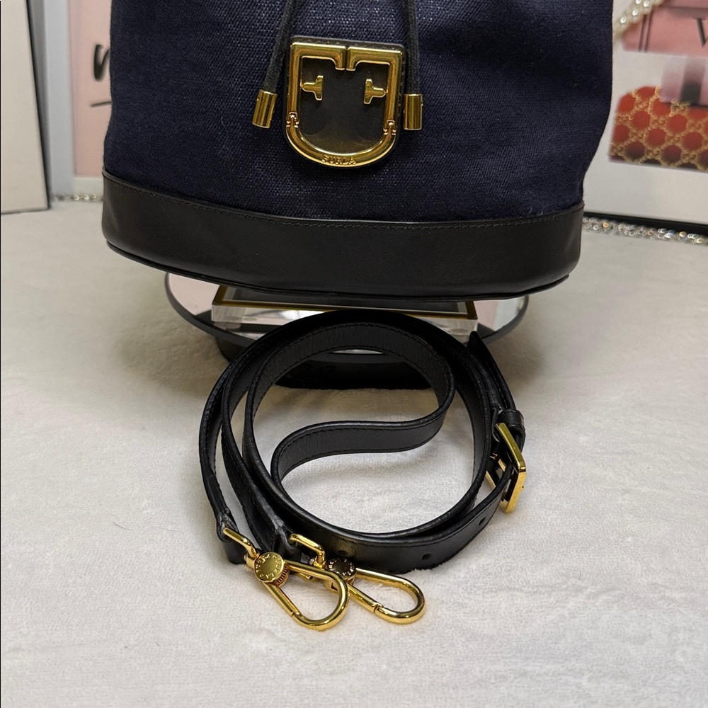 Furla Stacy Mini Bucket Bag Navy Canvas & Black Leather Crossbody EUC - Picture 2 of 9